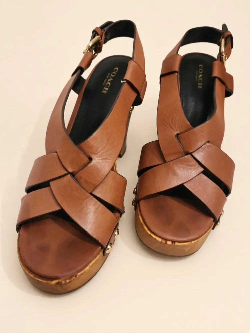 Coach Adessa Cognac Leather Wood Platform Sandals Size 8 Gold Studs